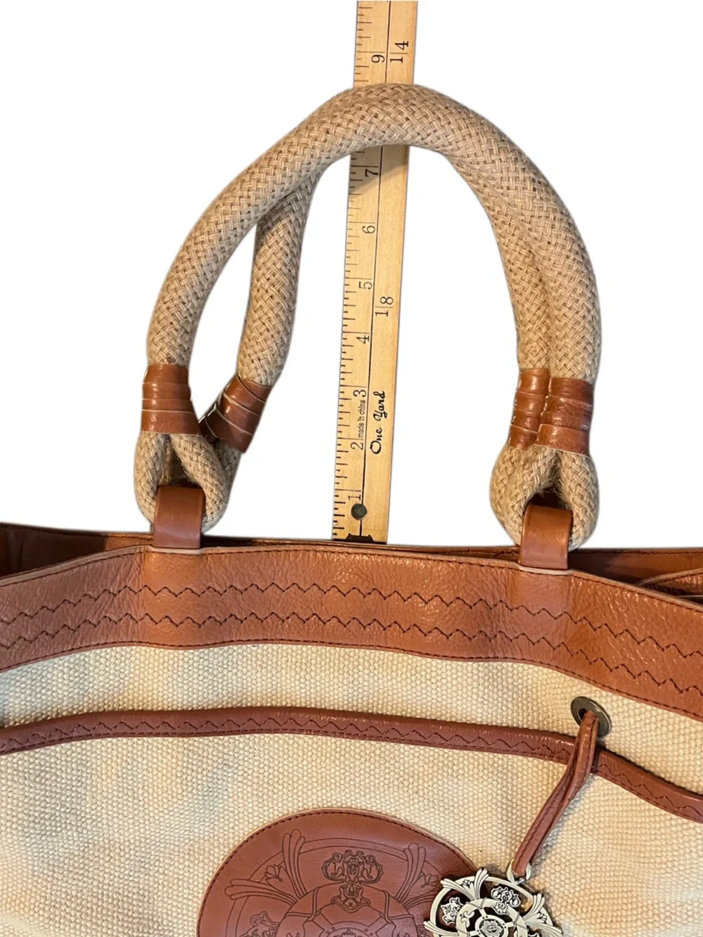 Kate Landry Canvas & Leather Tote Bag Large Boho Chic Rope Handle Jute